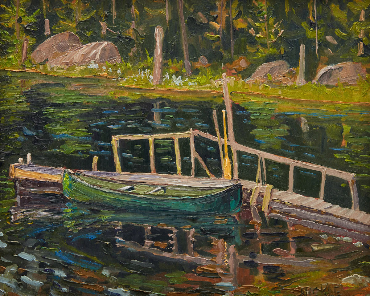 Lawrence Nickle, Canoe and Dock at Homestead Studio; Autumn Foliage, two oils on panel, 1992 / 1990