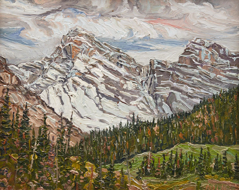 Lawrence Nickle, Mount Nigel, Alberta; Buildings East of Burk’s Falls, two oils on panel