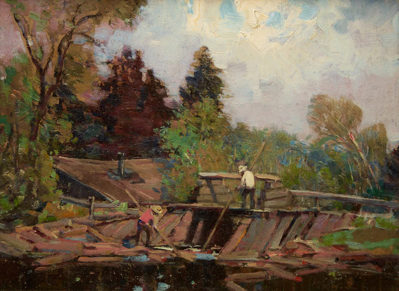 Peleg Franklin Brownell, Breaking up the Logs, oil on board