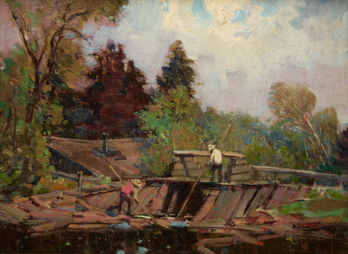 Peleg Franklin Brownell, Breaking up the Logs, oil on board