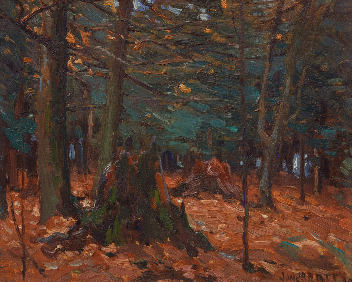 John William Beatty, A Hemlock Forest, oil on board