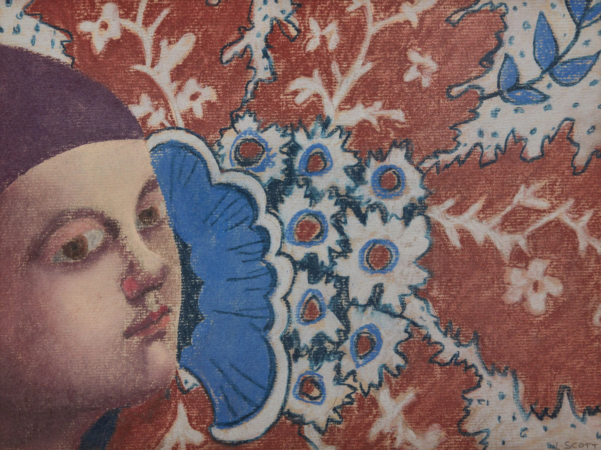 Louise Scott, Face Against Red, White and Blue, pastel on paper