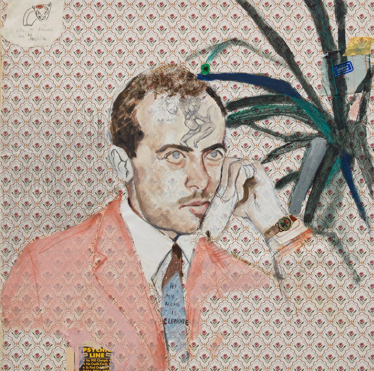 Sadko Hadzihasanovic, Hi, My Name is Clemente, I Like to Travel to India, oil on wallpaper with collage on canvas, 2000