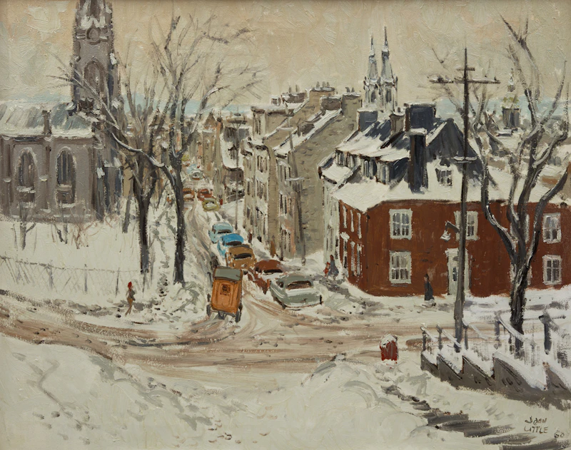 John Little, Looking Down Sainte-Ursule St. from Ste Genevieve St., Chalmers United Church on Left, Québec, oil on canvas