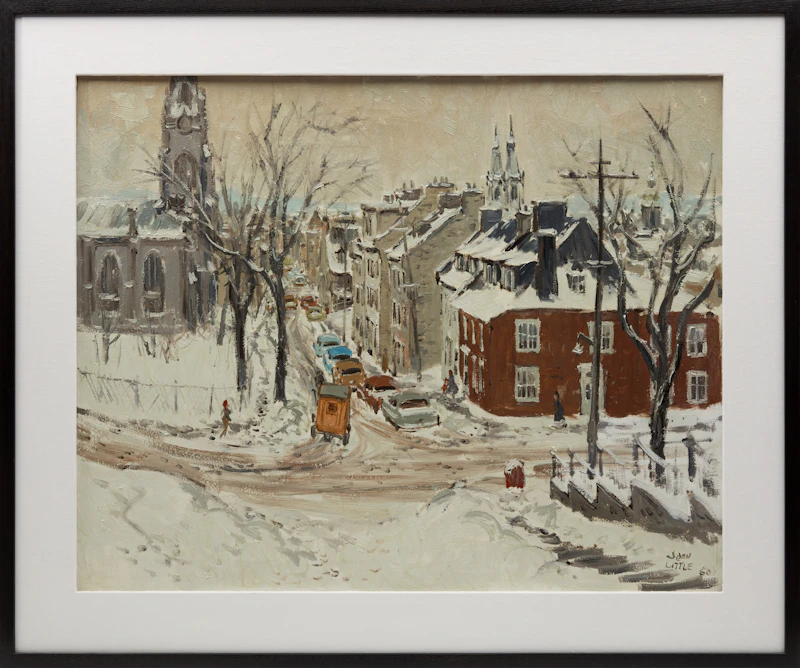 John Little, Looking Down Sainte-Ursule St. from Ste Genevieve St., Chalmers United Church on Left, Québec, oil on canvas - view 2