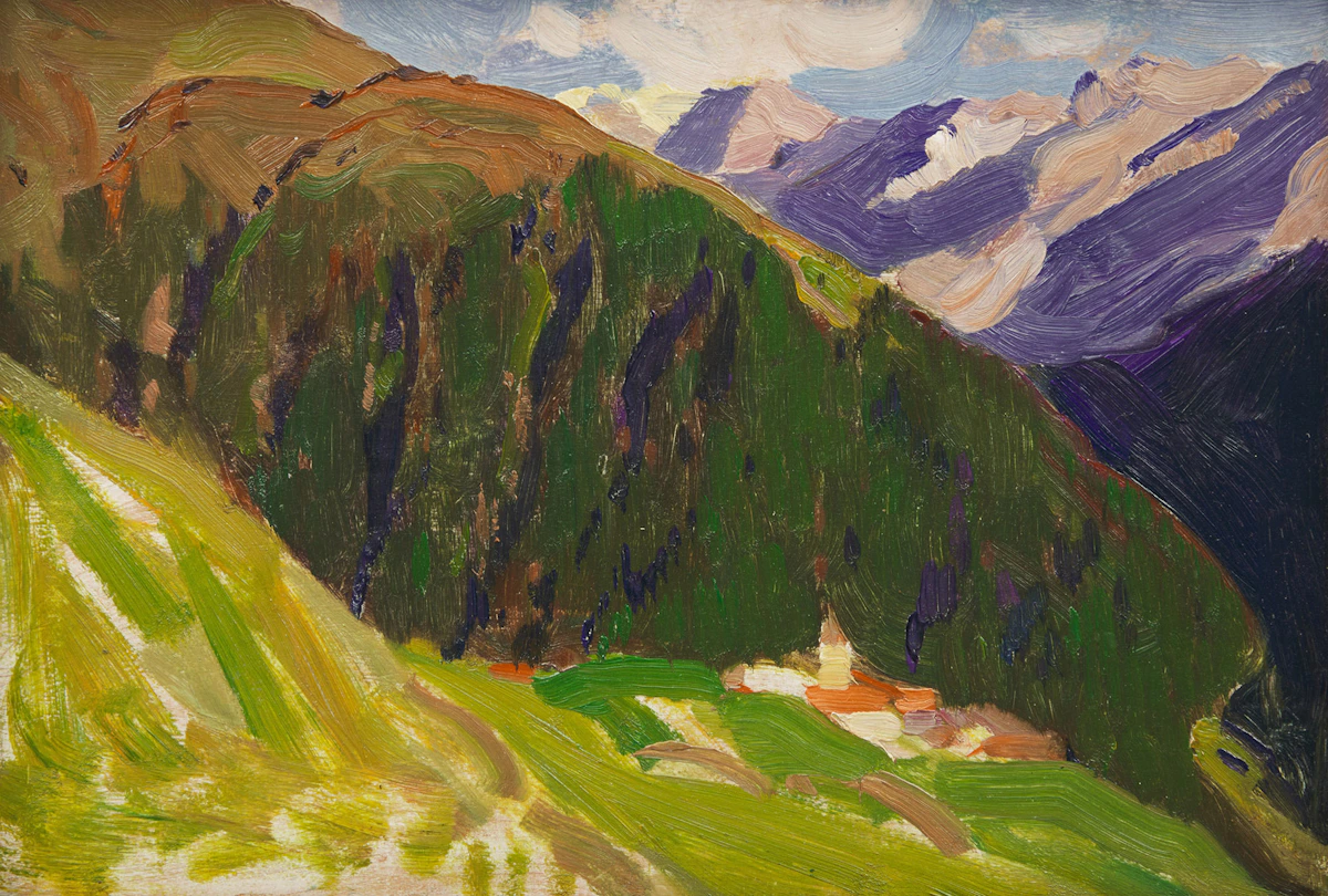 Clarence Alphonse Gagnon, Dans les Grisons, Switzerland, oil on board, 1927