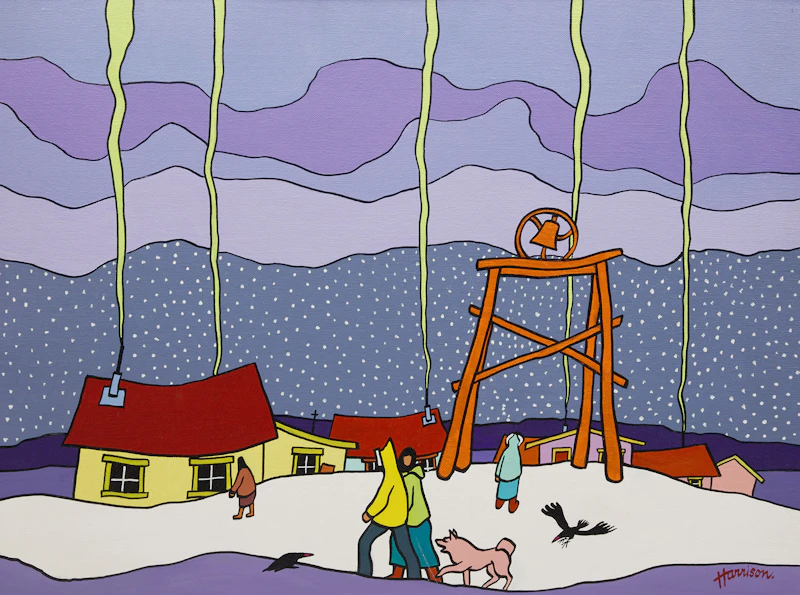 Ted Harrison, Old Crow Village, acrylic on canvas board