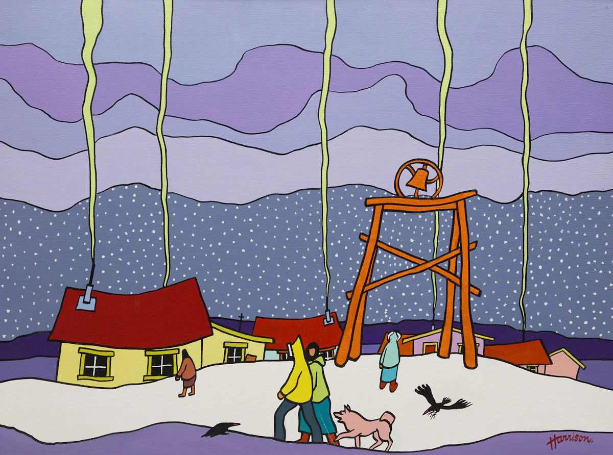 Ted Harrison, Old Crow Village, acrylic on canvas board