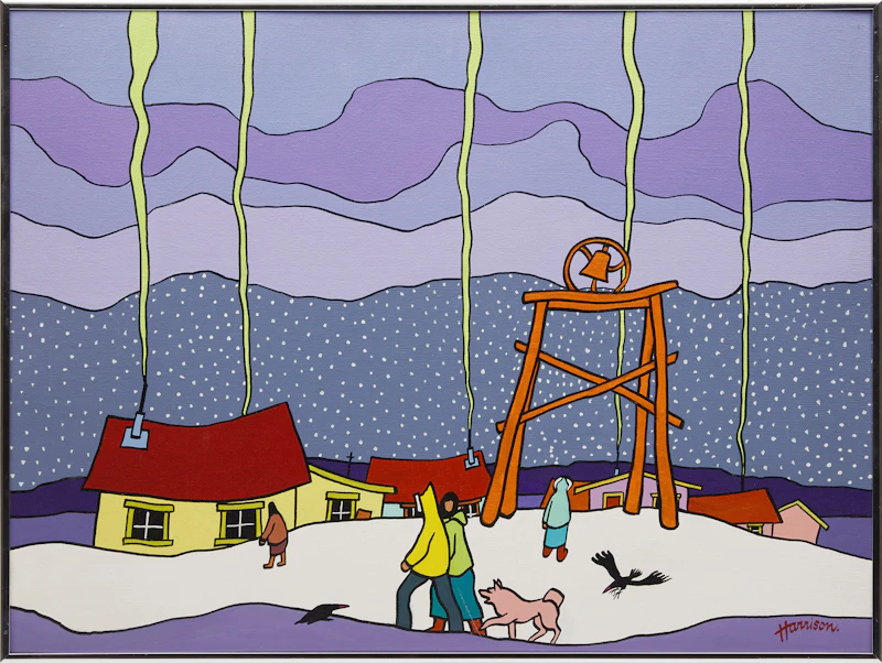 Ted Harrison, Old Crow Village, acrylic on canvas board - view 2
