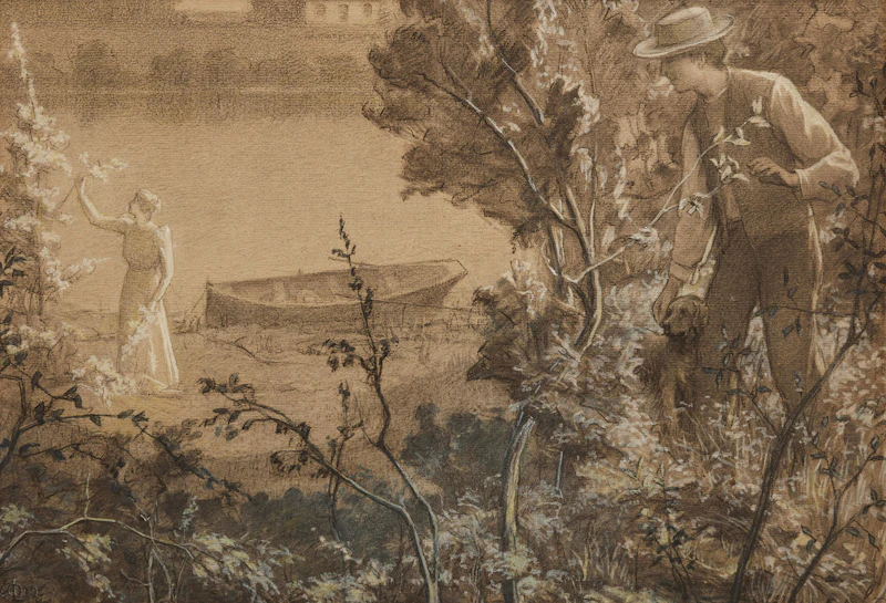 Ozias Leduc, Fernande et Claude (...Claude qui l’observait en silence...), charcoal with gouache and watercolour on paper
