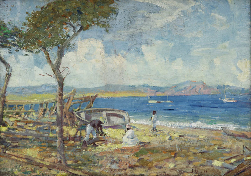 Peleg Franklin Brownell, Family Repairing their Boat, St. Kitts, oil on canvas