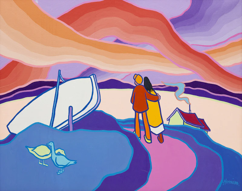 Ted Harrison, Lakeside Lovers, acrylic on canvas