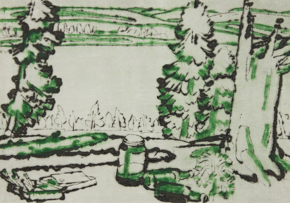 David Brown Milne, Painting Place, colour drypoint etching