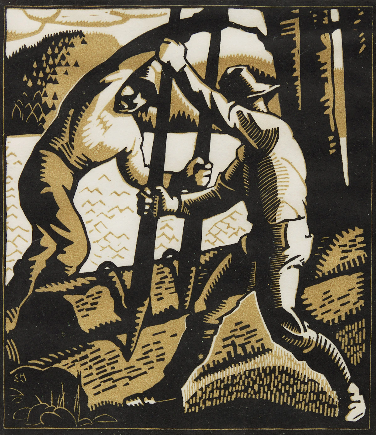 Edwin Headley Holgate, Lumberjacks, woodcut, circa 1927