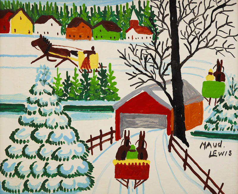 Maud Lewis, Winter Landscape with Covered Bridge, mixed media on board