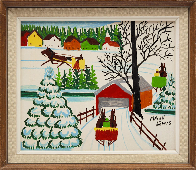 Maud Lewis, Winter Landscape with Covered Bridge, mixed media on board, circa 1967 - view 2