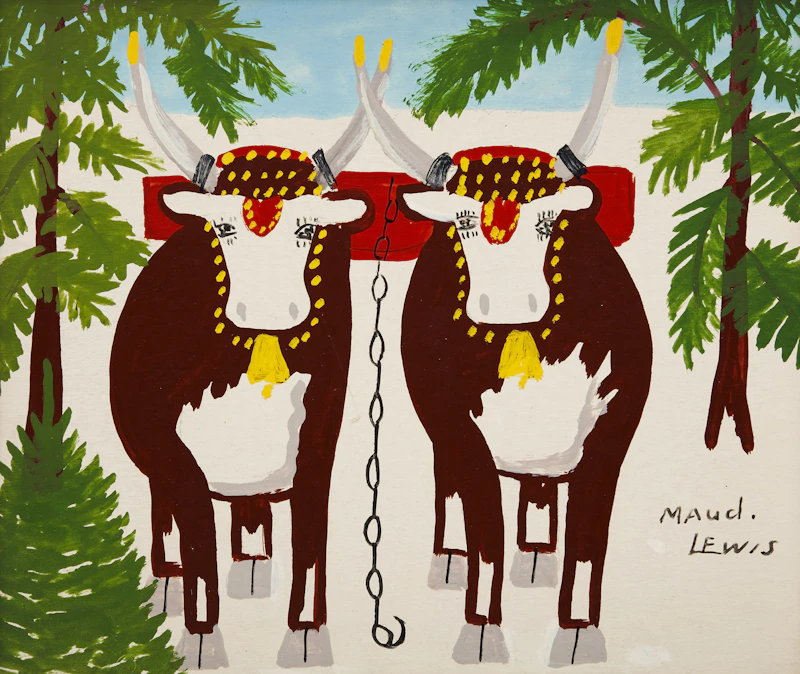 Maud Lewis, Oxen in Winter, mixed media on board