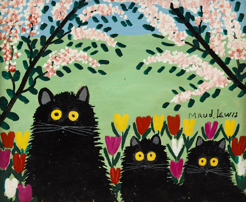 Maud Lewis, Three Black Cats, mixed media on board mounted to masonite