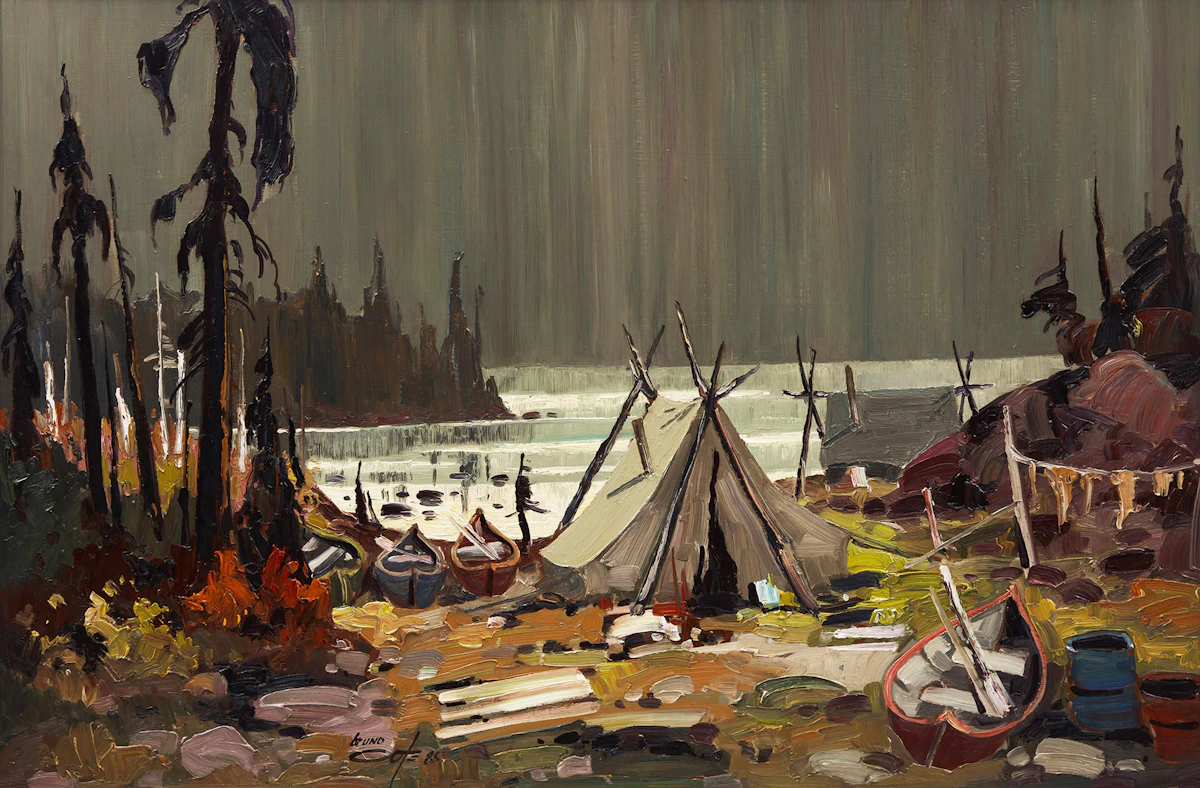 Bruno Côté, Campement Montagnais Mingan, oil on board, 1985