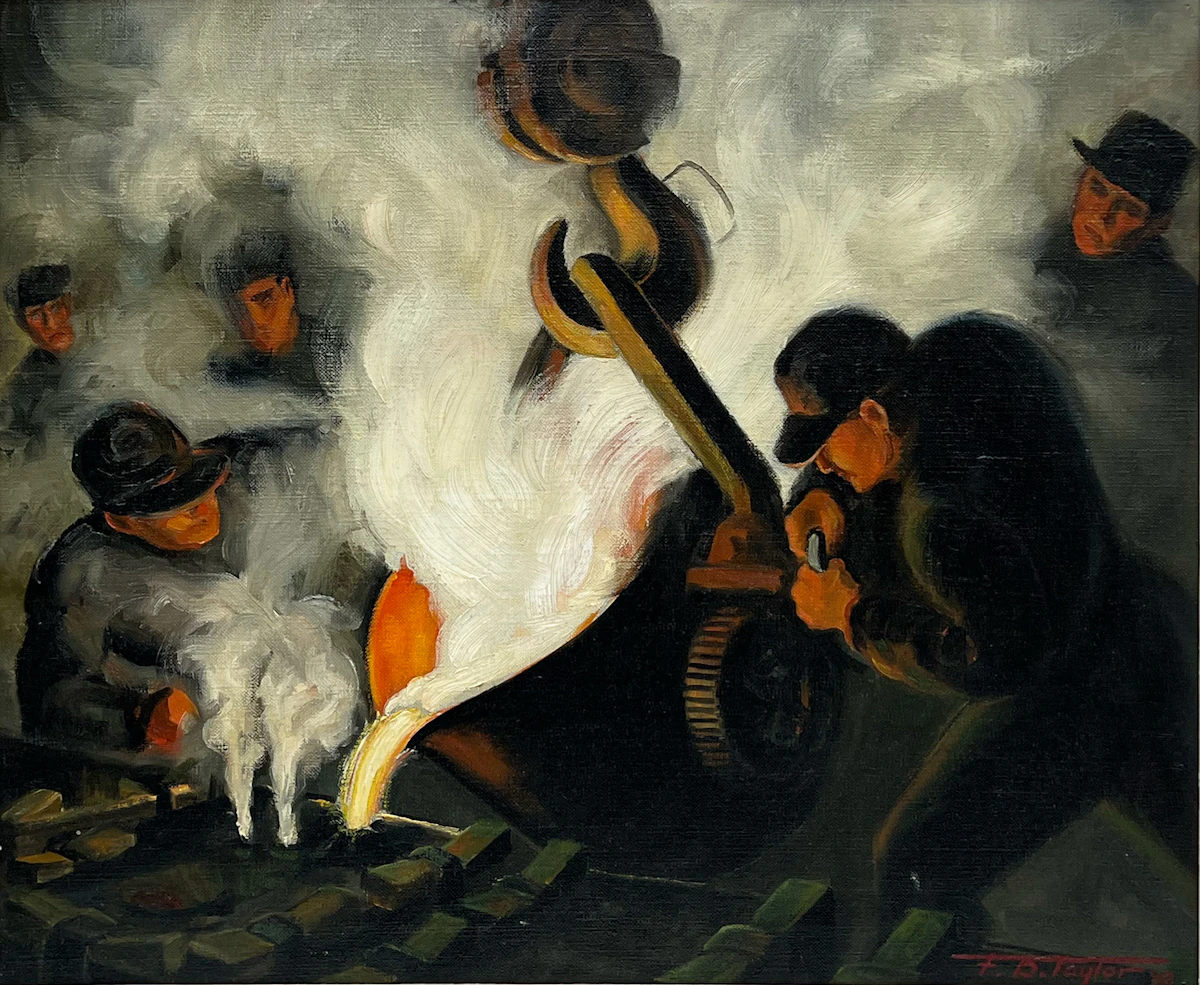 Frederick Bourchier Taylor, Pouring Manganese Bronze Parts for Anti-Aircraft Guns in the Brass Foundry, Dominion Engineering Works, Lachine PQ, November 1942, oil on canvas
