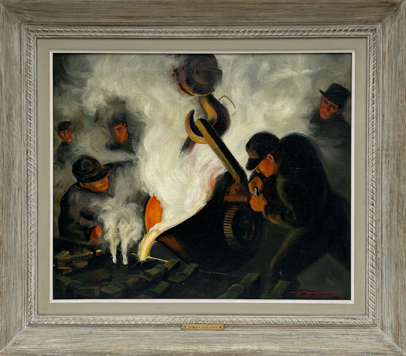Frederick Bourchier Taylor, Pouring Manganese Bronze Parts for Anti-Aircraft Guns in the Brass Foundry, Dominion Engineering Works, Lachine PQ, November 1942, oil on canvas - view 2