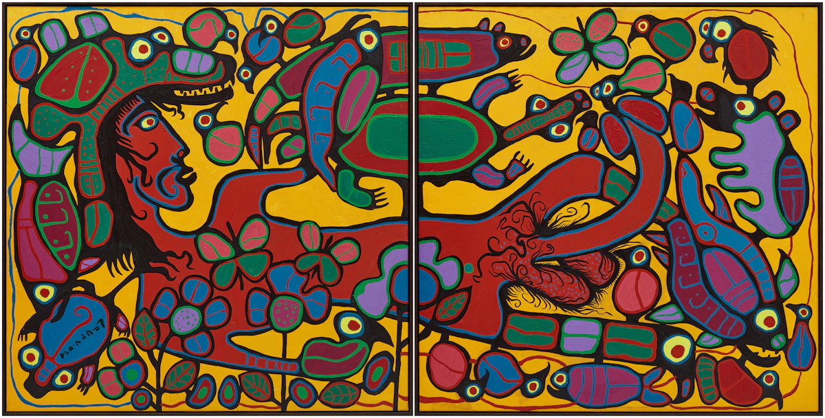 Norval Morrisseau, Shaman in Repose, circa 1991-1992, acrylic on canvas (diptych), circa 1991