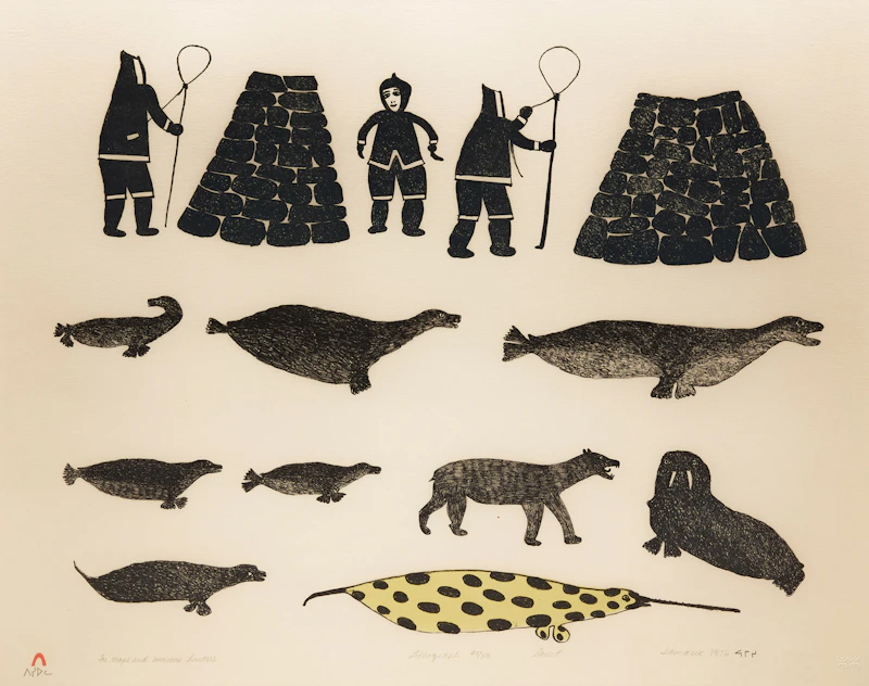 Jamasie Teevee, For Traps and Anxious Hunters; Inuit Umiagik, two colour lithographs, 1976 - view 1