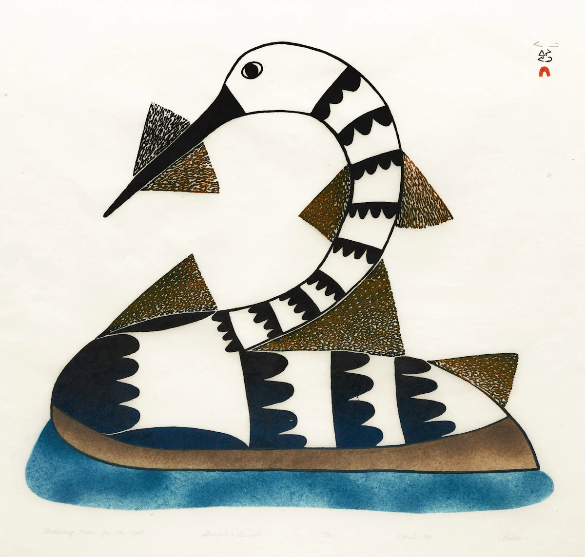 Pudlo Pudlat, Gathering Moss for the Nest; Hunter with Heavy Load, two colour stonecuts and stencils, 1984
