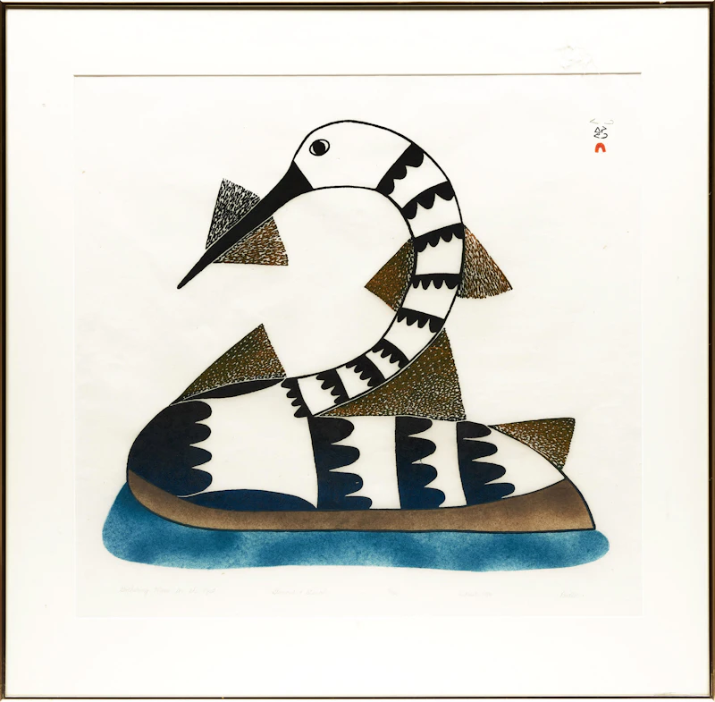 Pudlo Pudlat, Gathering Moss for the Nest; Hunter with Heavy Load, two colour stonecuts and stencils, 1984 - view 2