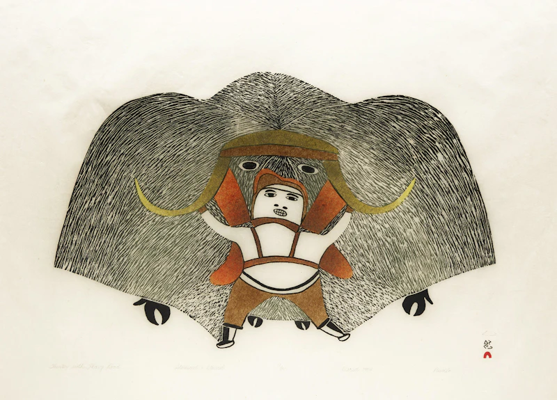 Pudlo Pudlat, Gathering Moss for the Nest; Hunter with Heavy Load, two colour stonecuts and stencils, 1984 - view 4
