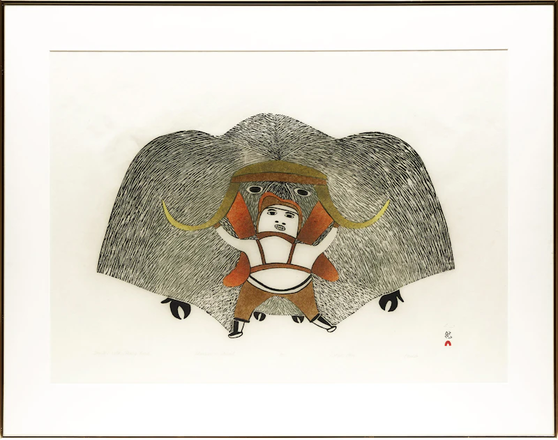 Pudlo Pudlat, Gathering Moss for the Nest; Hunter with Heavy Load, two colour stonecuts and stencils, 1984 - view 5