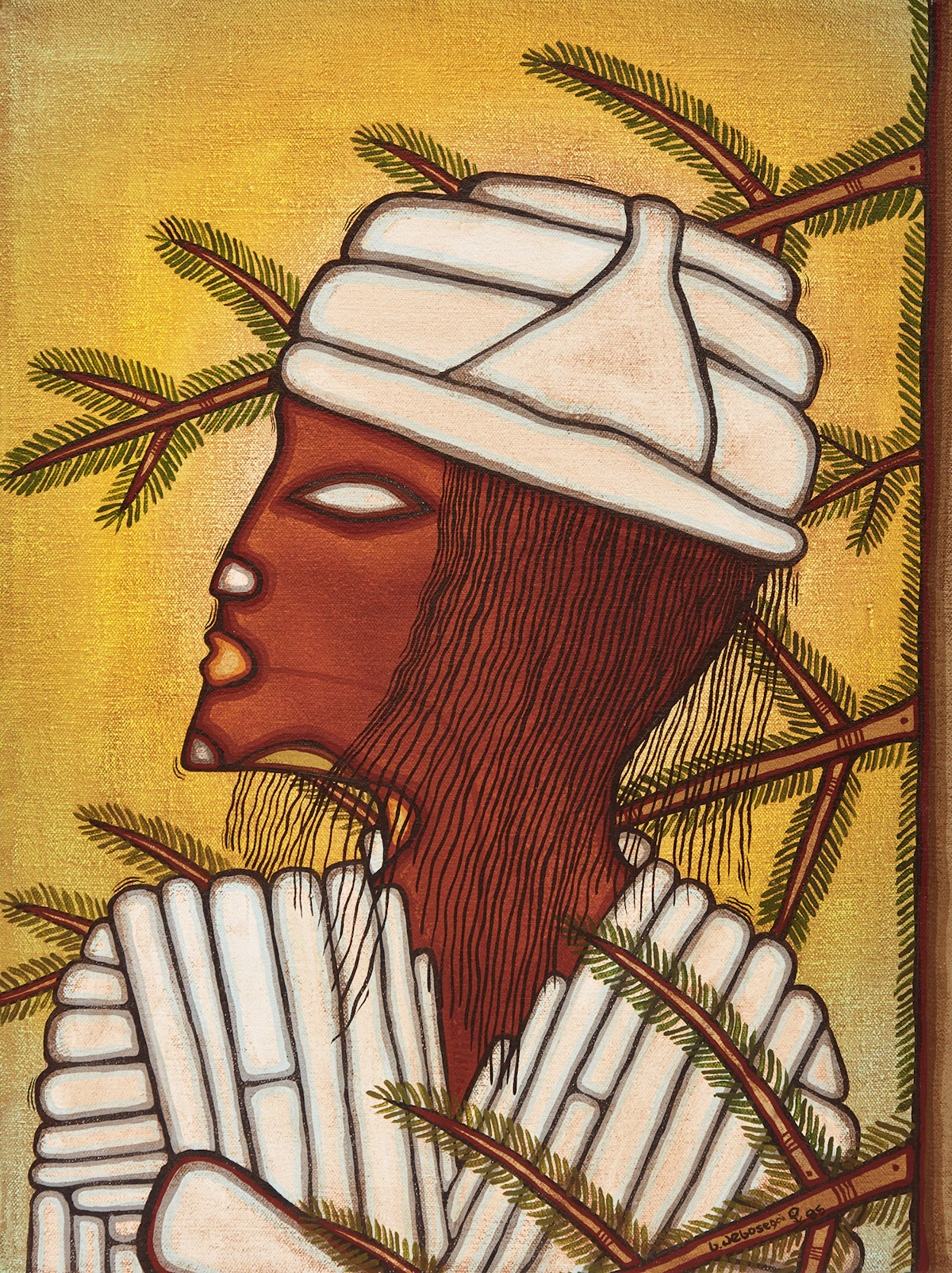 Blair Debassige, Boy with the Rabbit-Skin Coat, acrylic on canvas, 1985