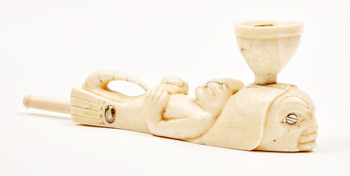 Unknown Artist, Haida Walrus Tusk Otter Pipe, walrus tusk; abalone, circa 1950