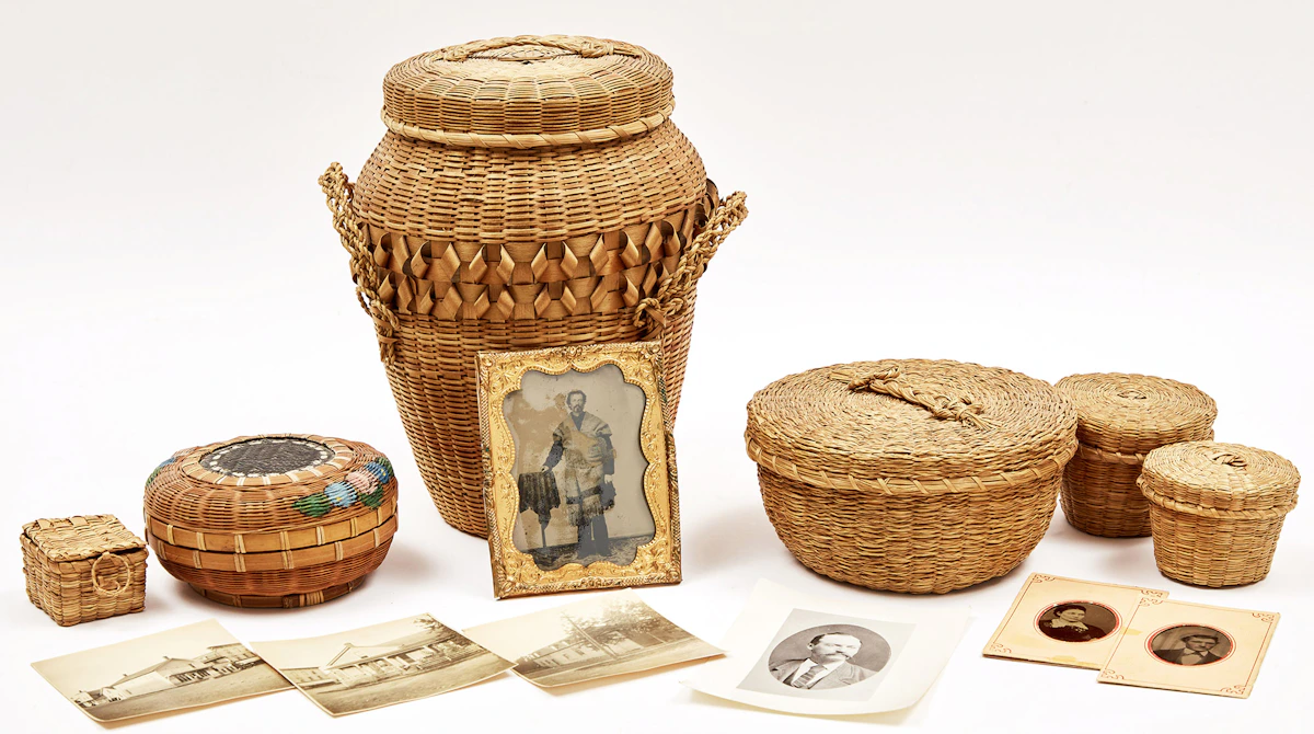Various Artists, Six Mohawk Baskets  , sweetgrass and ash baskets; albumen prints; daguerreotype, circa 
