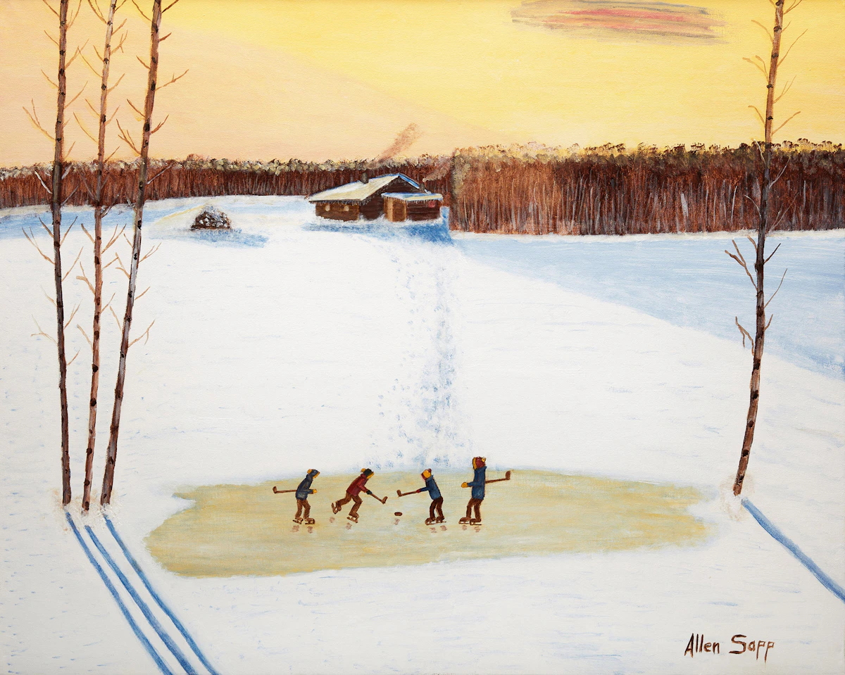 Allen Sapp, Playing Hockey, oil on canvas