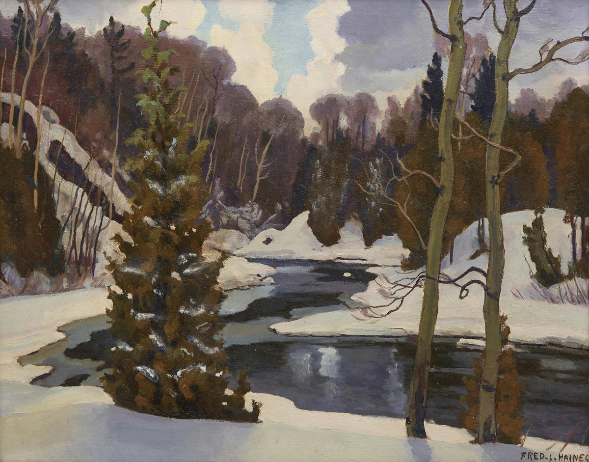 Frederick Stanley Haines, Winter Stream, oil on board
