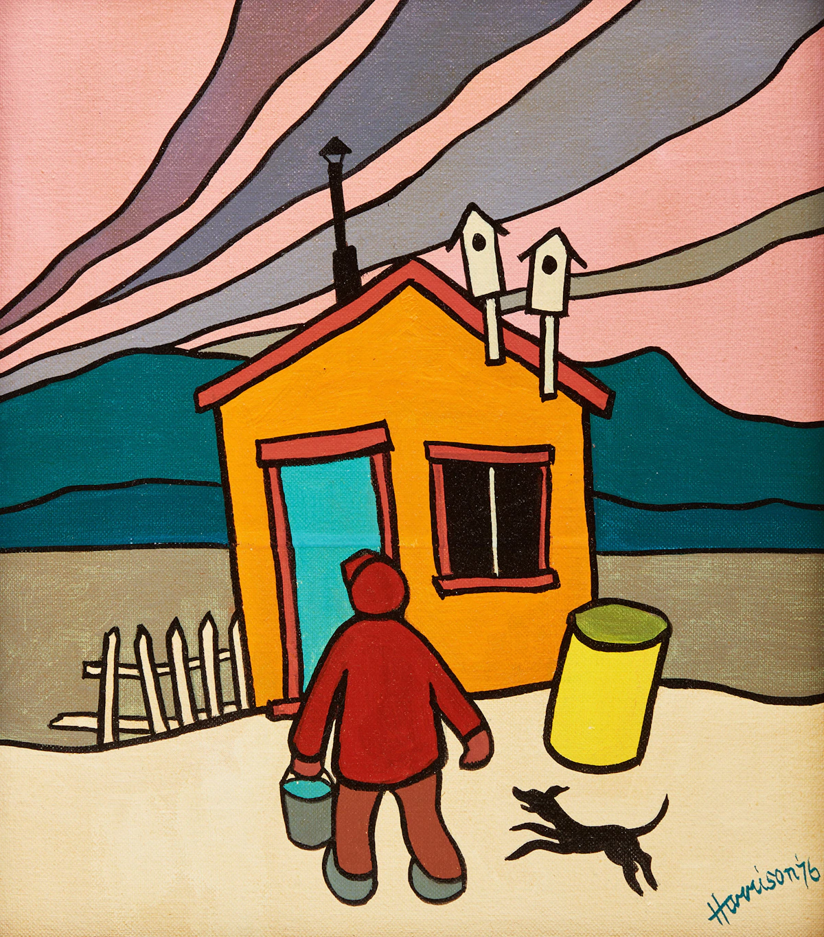 Ted Harrison, House of the Birds, acrylic on canvas board, 1976