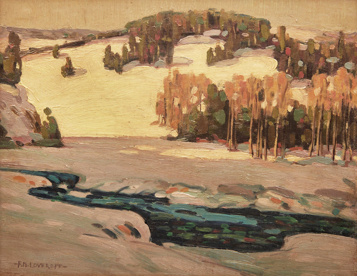 Frederick Nicholas Loveroff, Snow on the Hillside, oil on board, 1930