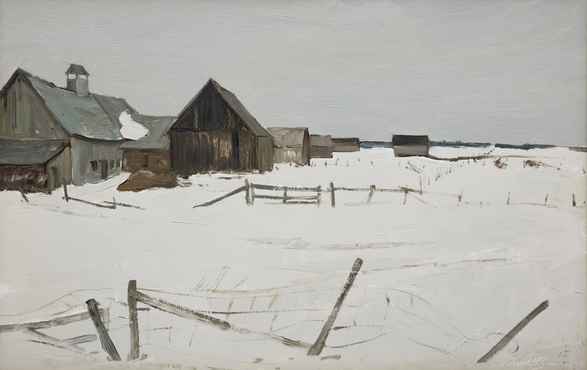George Lorne Holland Bouchard, Barns in Winter, Drummond County, oil on board, 1969