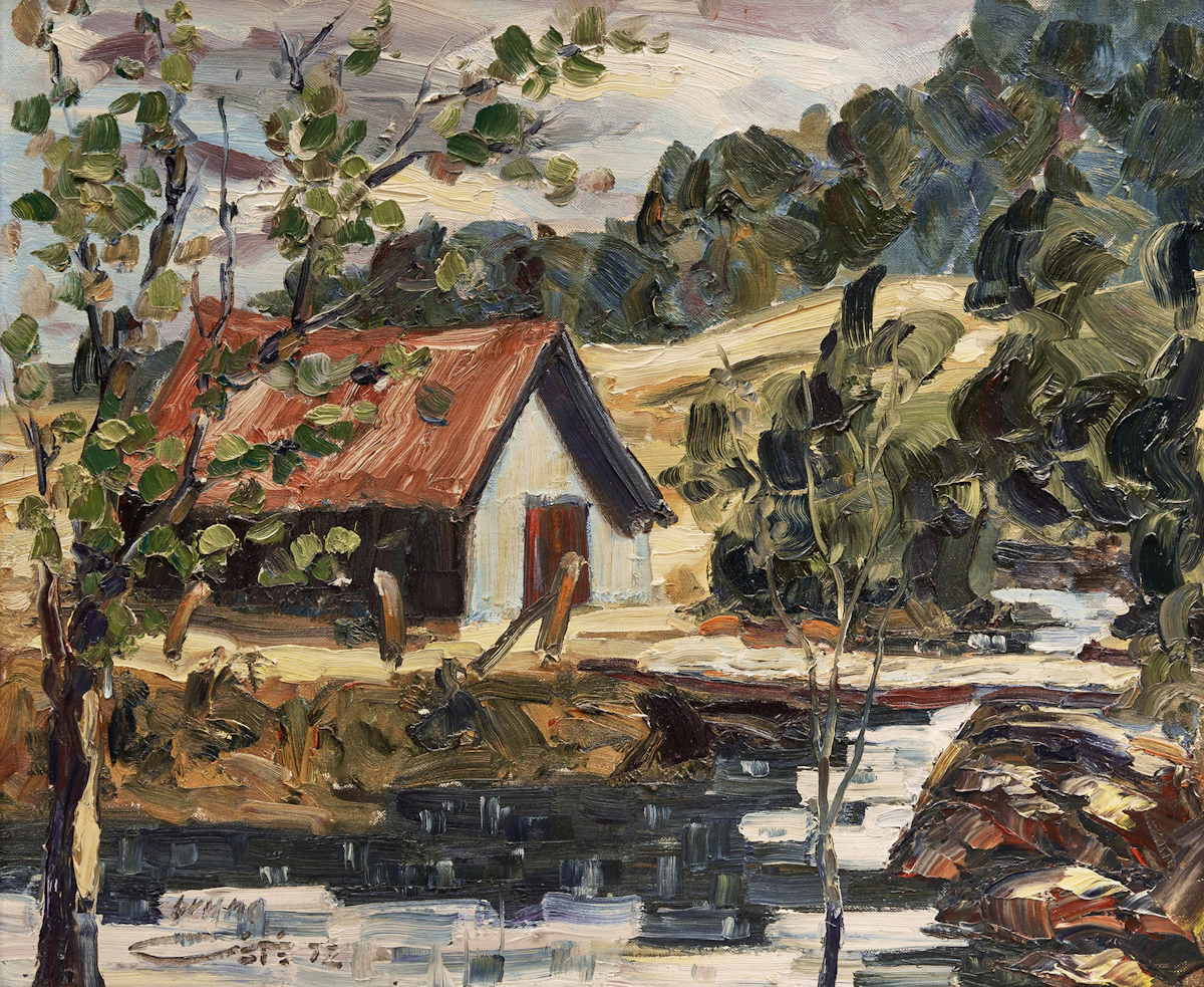 Bruno Côté, Untitled, Barn in a Landscape, oil on canvas board, 1972