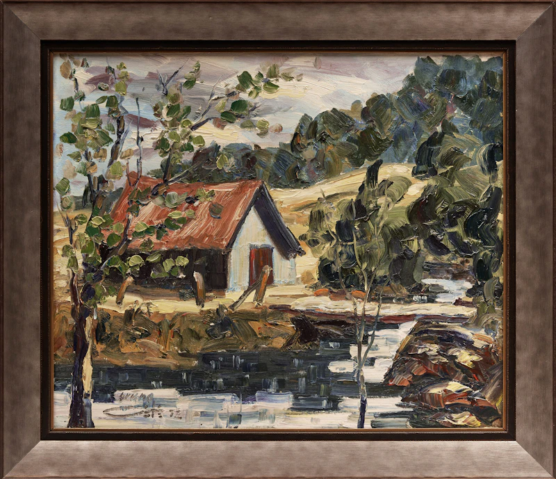 Bruno Côté, Untitled, Barn in a Landscape, oil on canvas board, 1972 - view 2