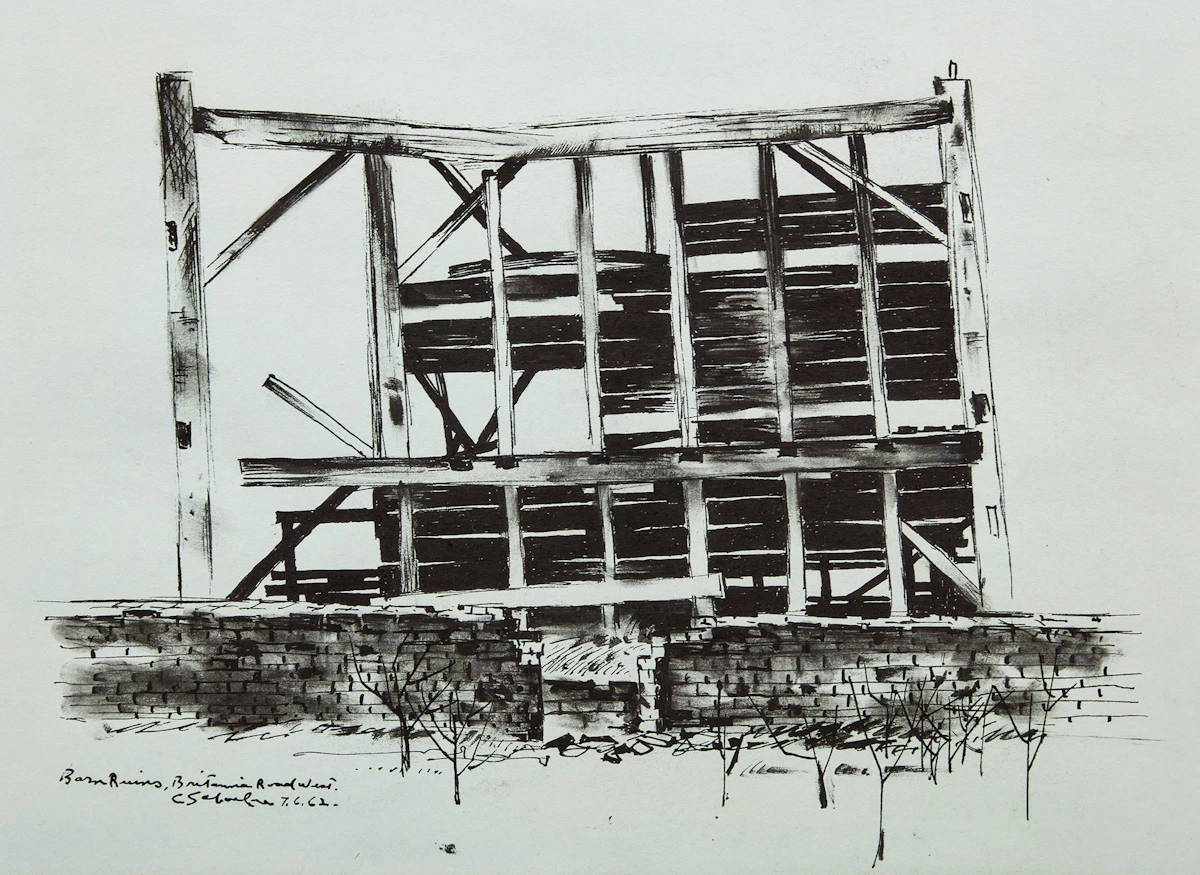 Carl Fellman Schaefer, Barn Ruins, Britannia Road West, ink on paper, 1962