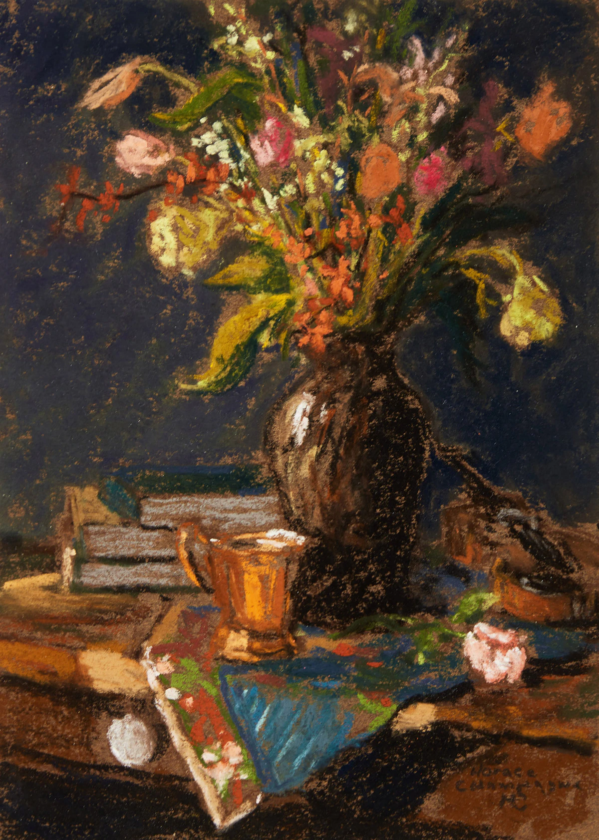 Horace Champagne, Books, a rose, & antique goblet, pastel, 1992