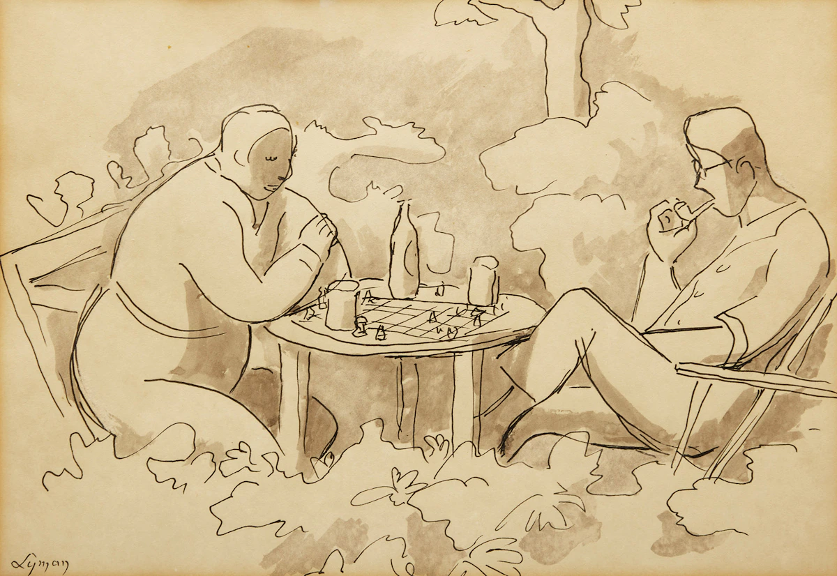 John Goodwin Lyman, Chess Players, ink and wash, 1900