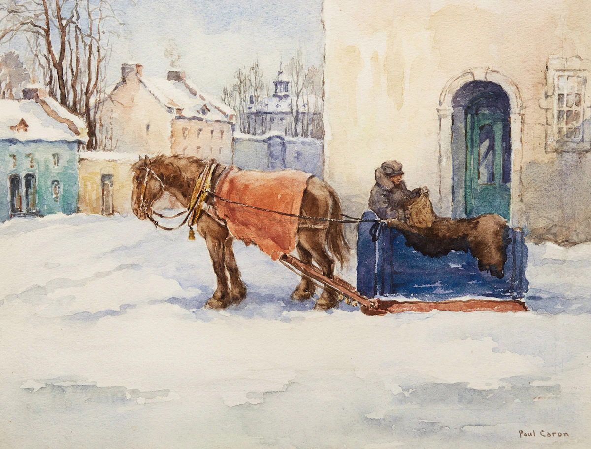 Paul Archibald Caron, Winter Cariole in Montreal, watercolour