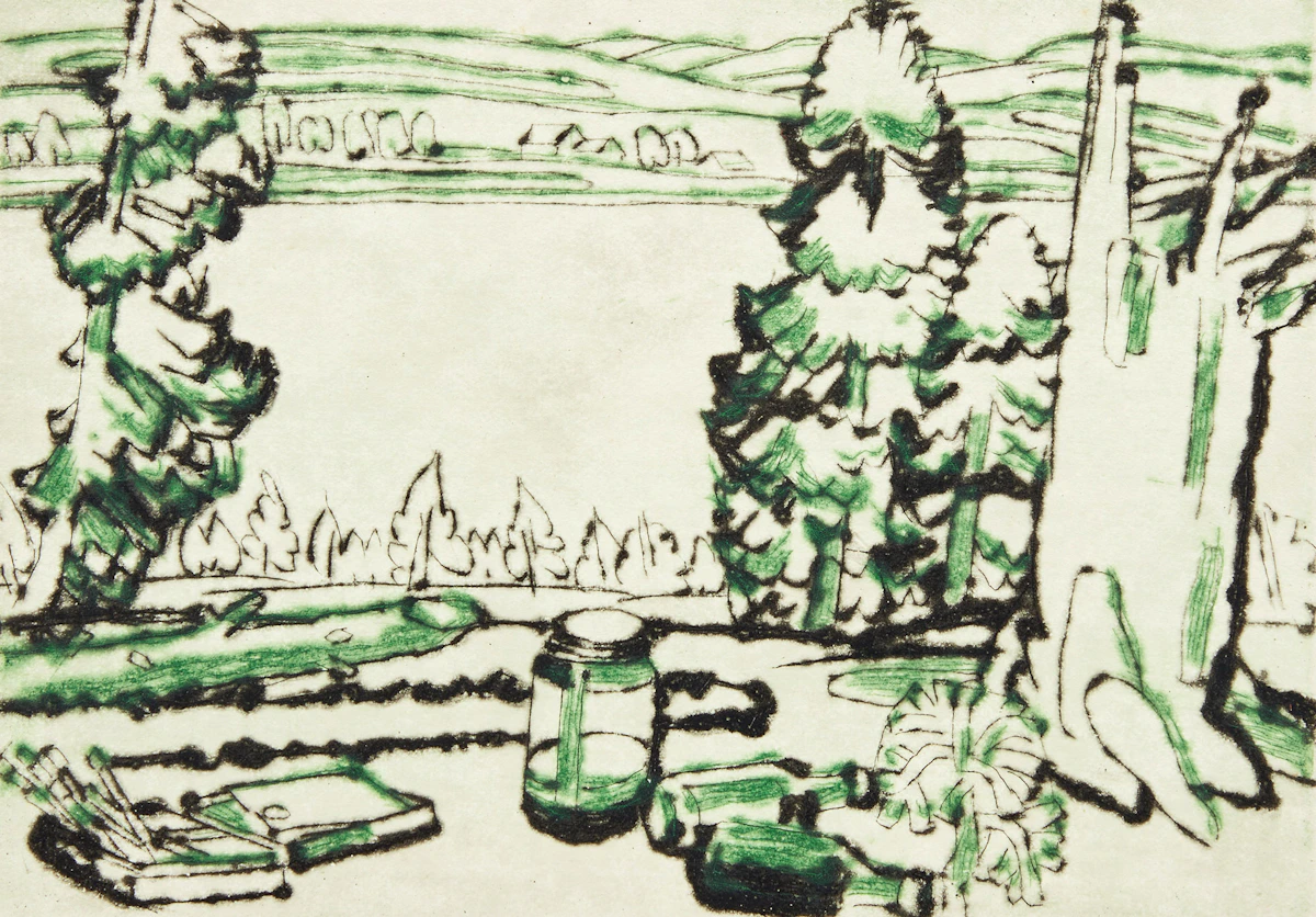 David Brown Milne, Painting Place, drypoint etching in colours