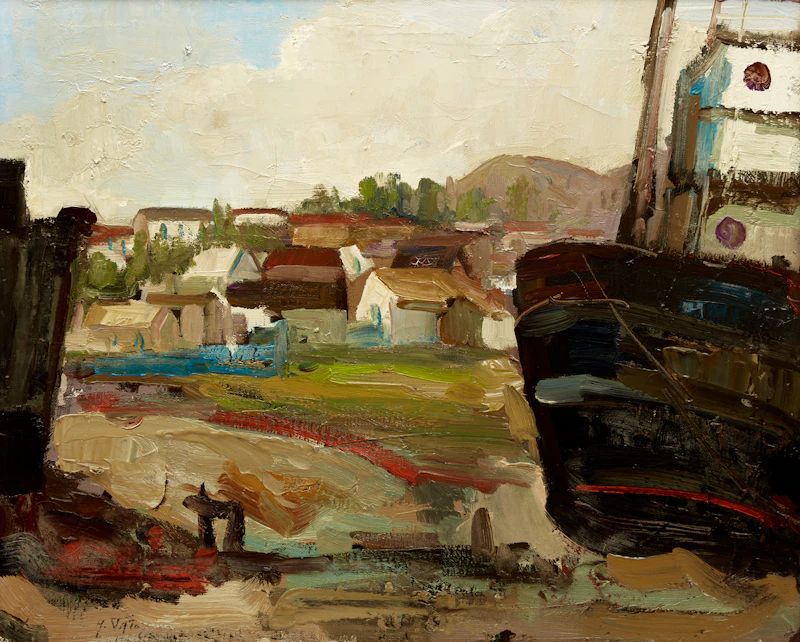 Armand Tatossian, Coastal Village; Harbour, two oil paintings