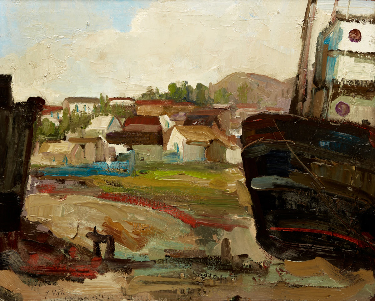 Armand Tatossian, Coastal Village; Harbour, two oil paintings