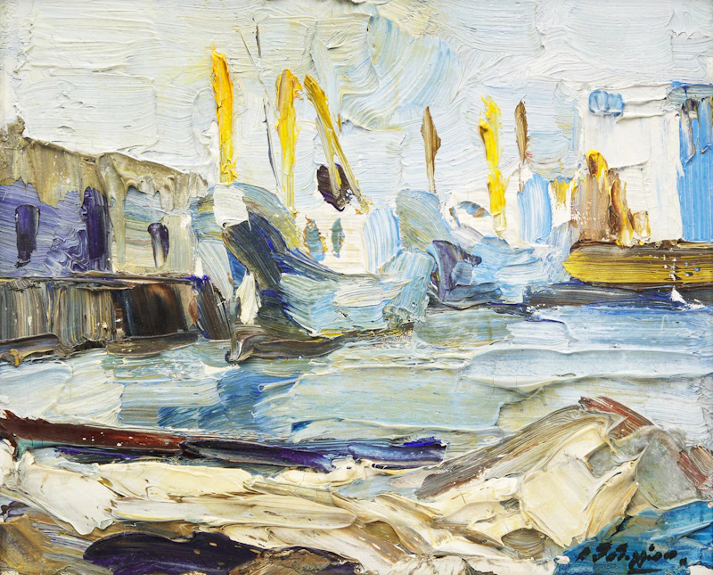 Armand Tatossian, Coastal Village; Harbour, two oil paintings - view 4