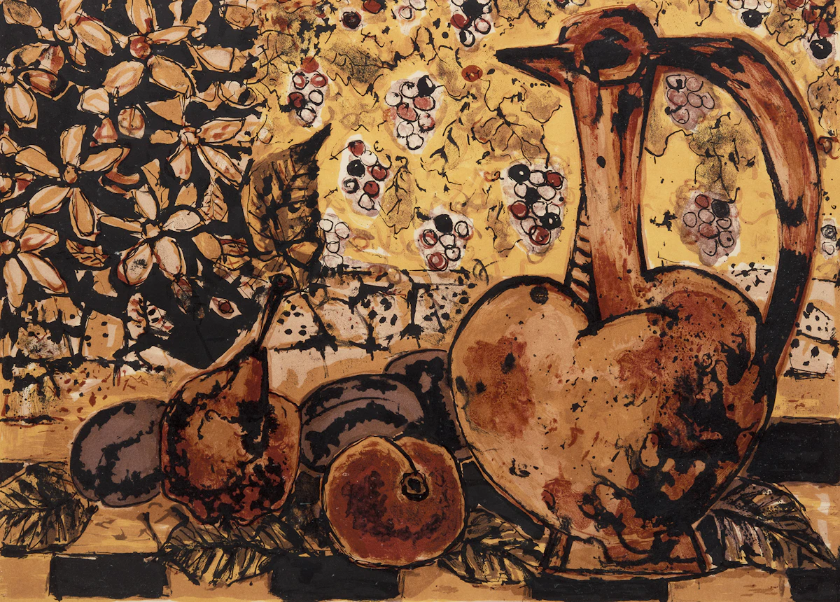 Paul-Vanier Beaulieu, Still Life with Jug and Fruit, colour lithograph, 1956